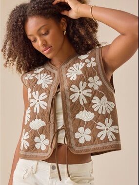 Altar'd State Brown Vest with White Floral Embroidery